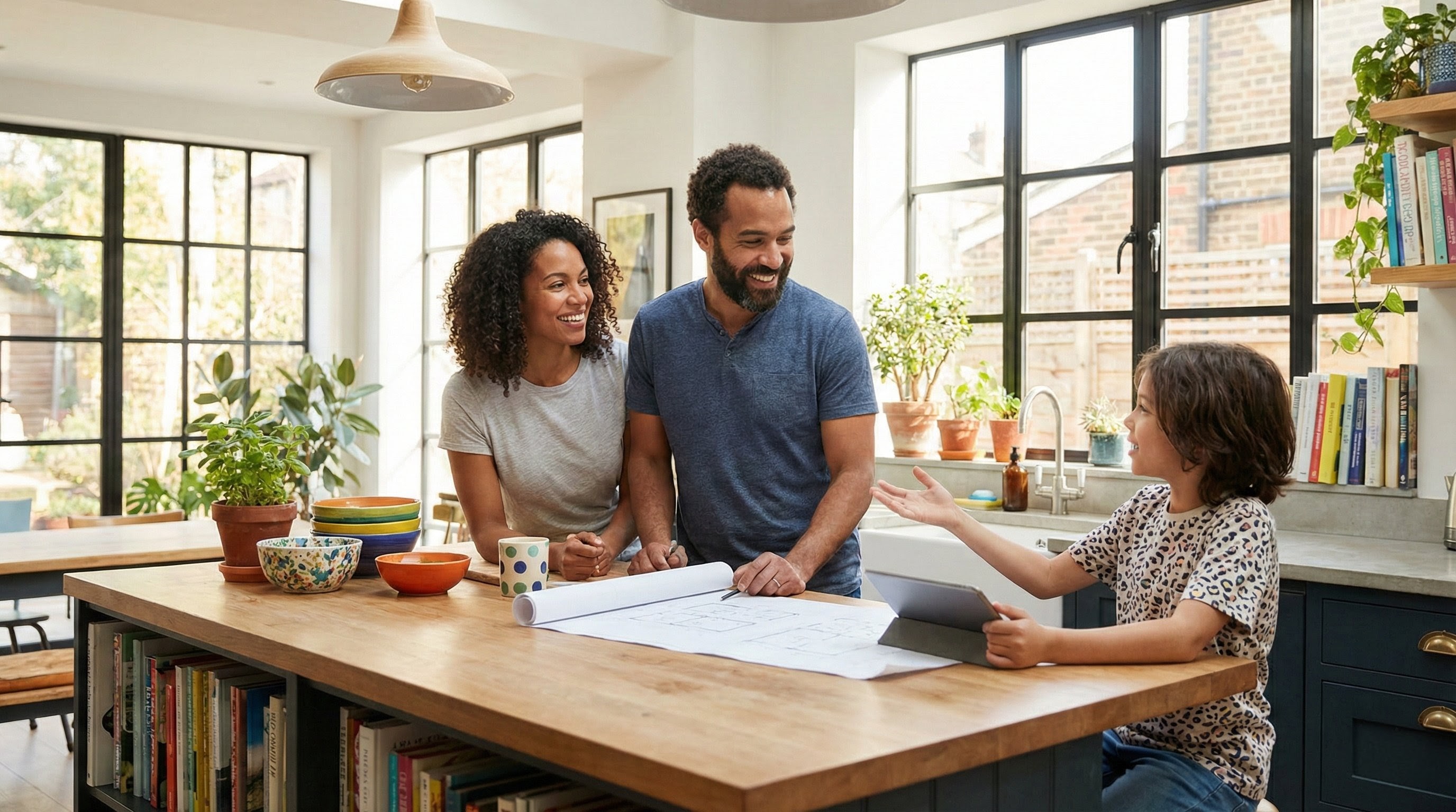 Parents and child planning routines together with a tablet at home.